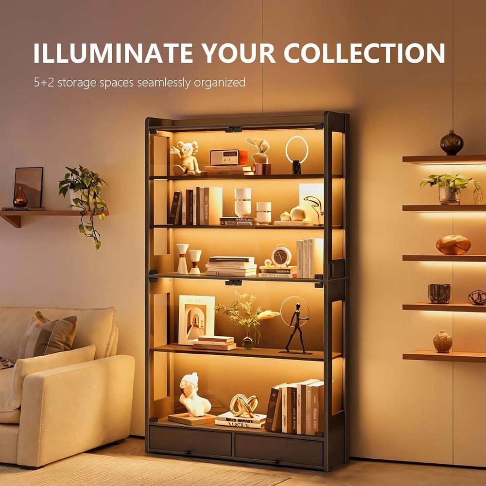 69인치 높이의 검정색 LED 조명이 있는 5단 수집품 - Lighting & Home Decor Studio Photos 리뷰 및 가격
